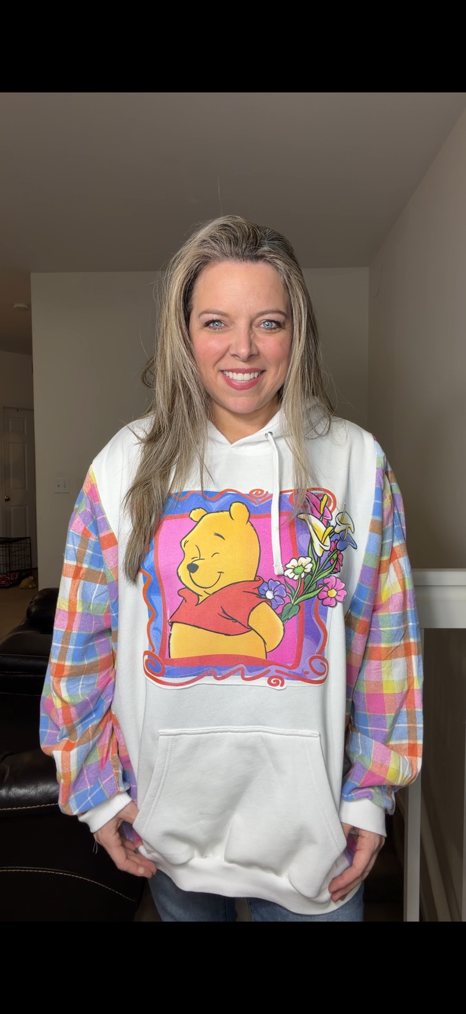 Upcycled Pooh - women's 4X midweight sweatshirt with flannel sleeves