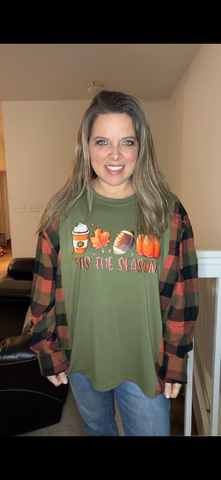 Upcycled Tis Season - women's 1X/2X T-shirt with flannel sleeves
