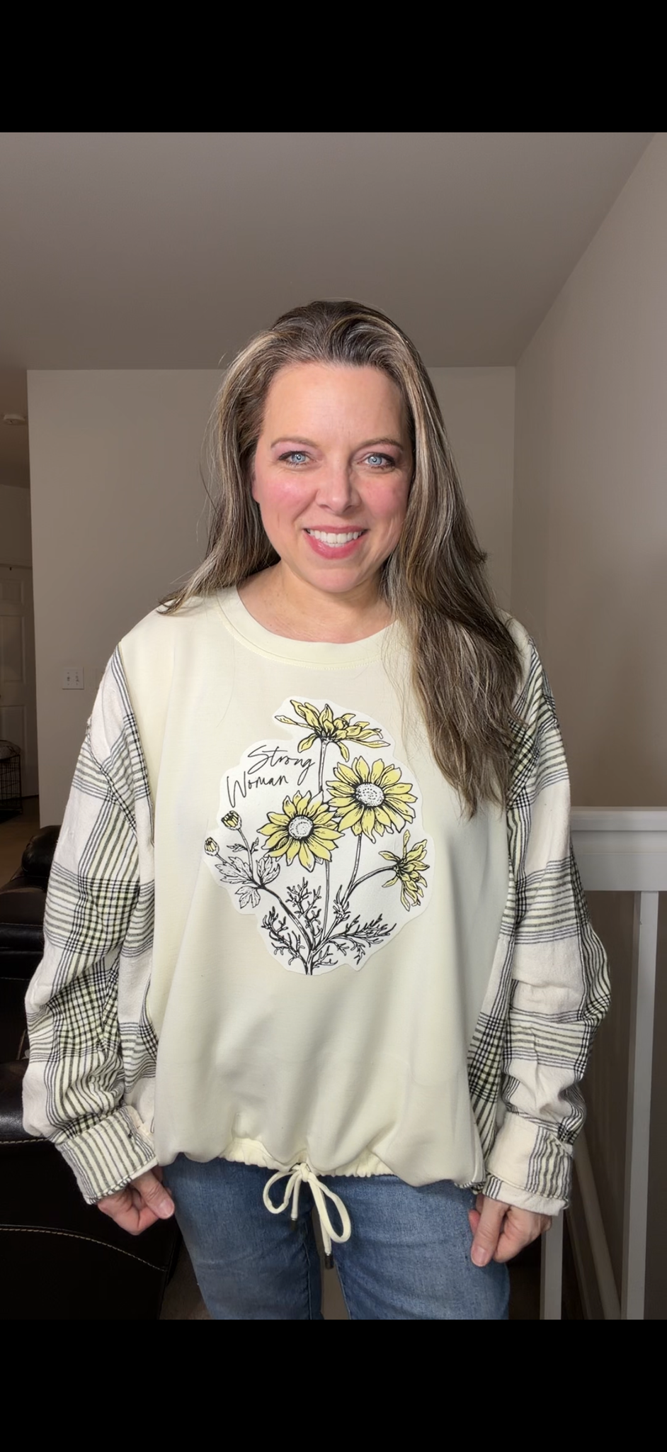 Upcycled Strong Woman - women's XL stretchy French terry shirt with flannel sleeves ￼