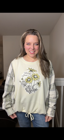 Upcycled Strong Woman - women's XL stretchy French terry shirt with flannel sleeves ￼