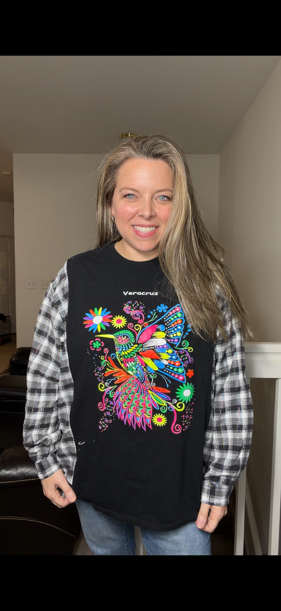 Upcycled Humming Bird - women women's 1X T-shirt with flannel sleeves