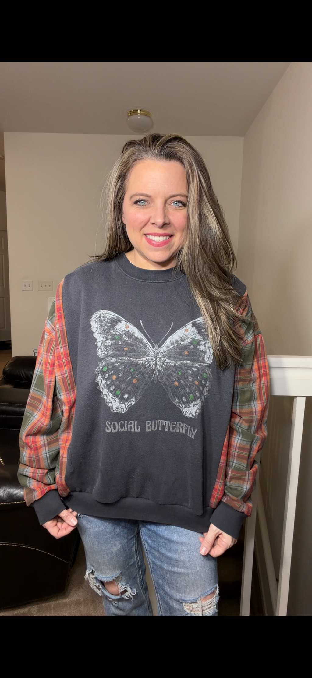 Upcycled Butterfly – women's XL midweight sweatshirt with flannel sleeves