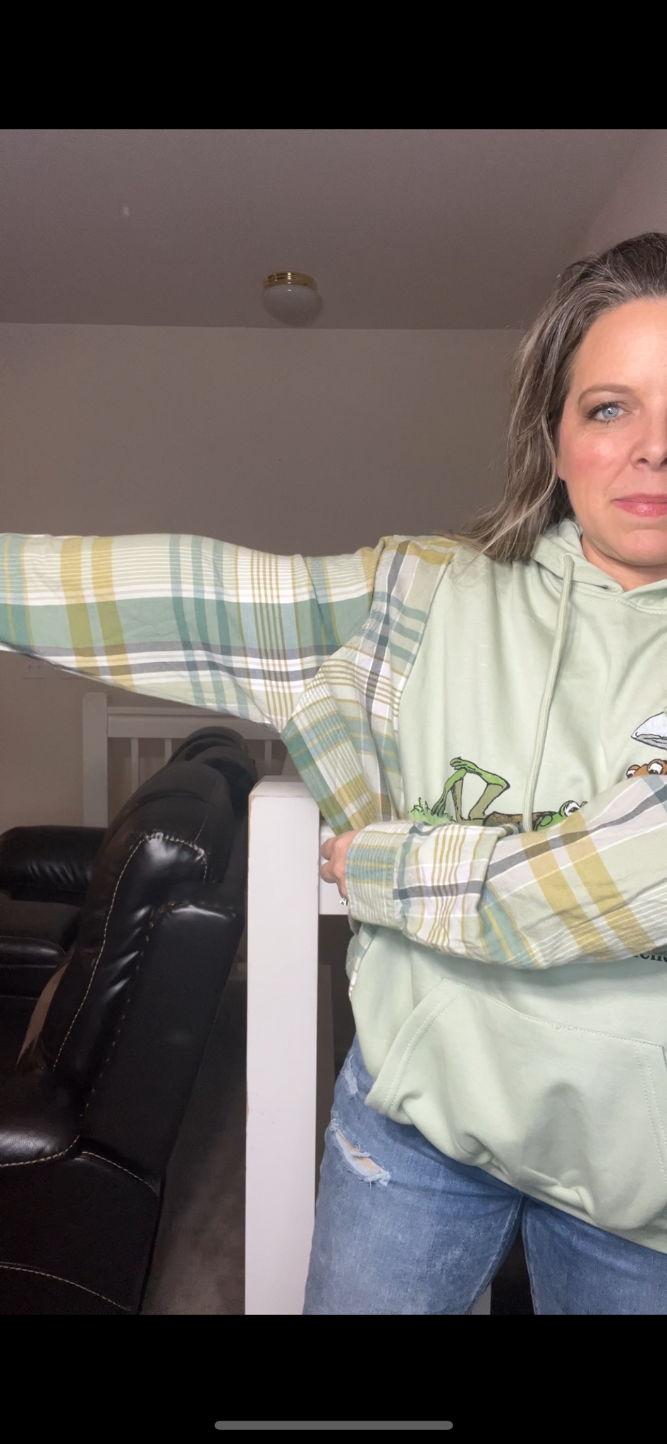 Upcycled Frog and toad – women’s 1X midweight sweatshirt with flannel sleeves