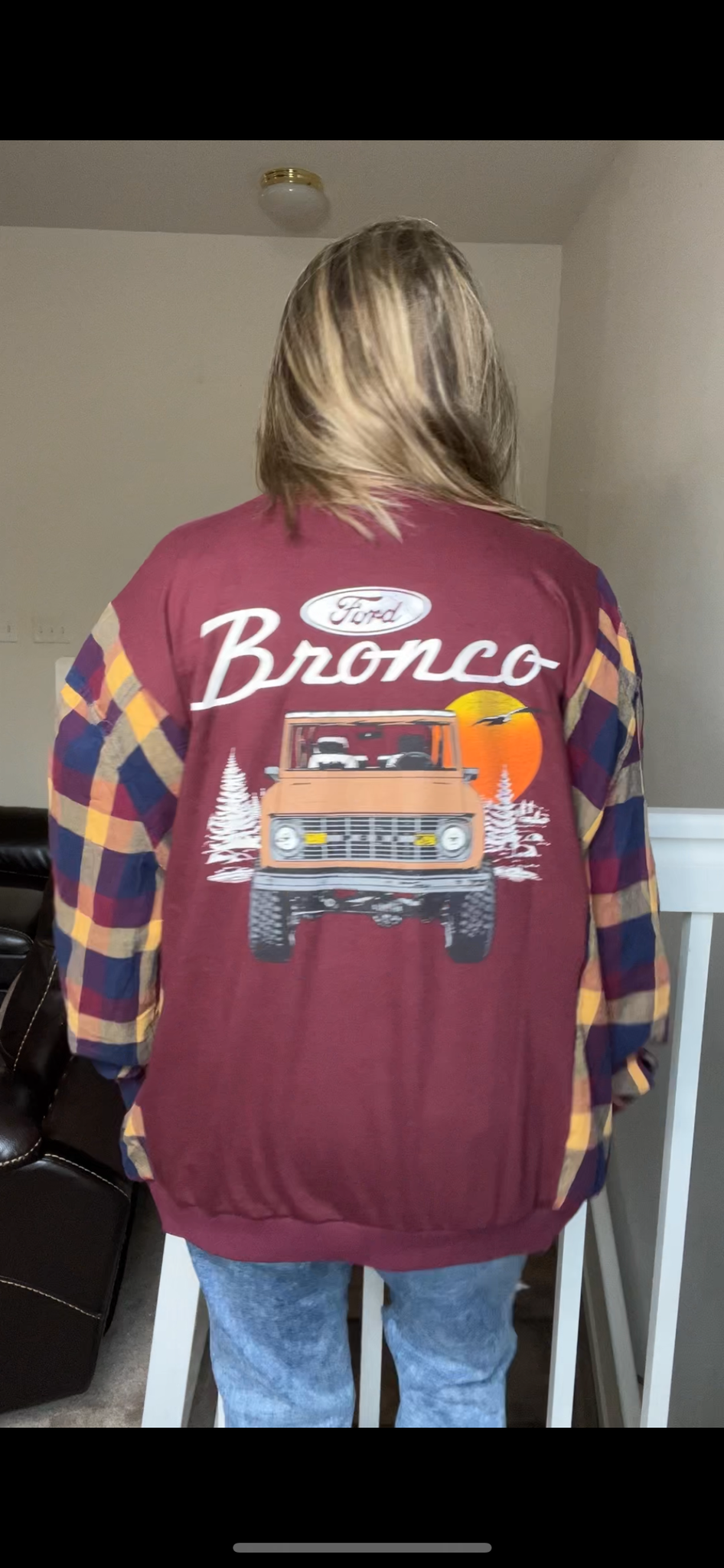 Upcycled Bronco - woman's 3X Tshirt with flannel sleeves