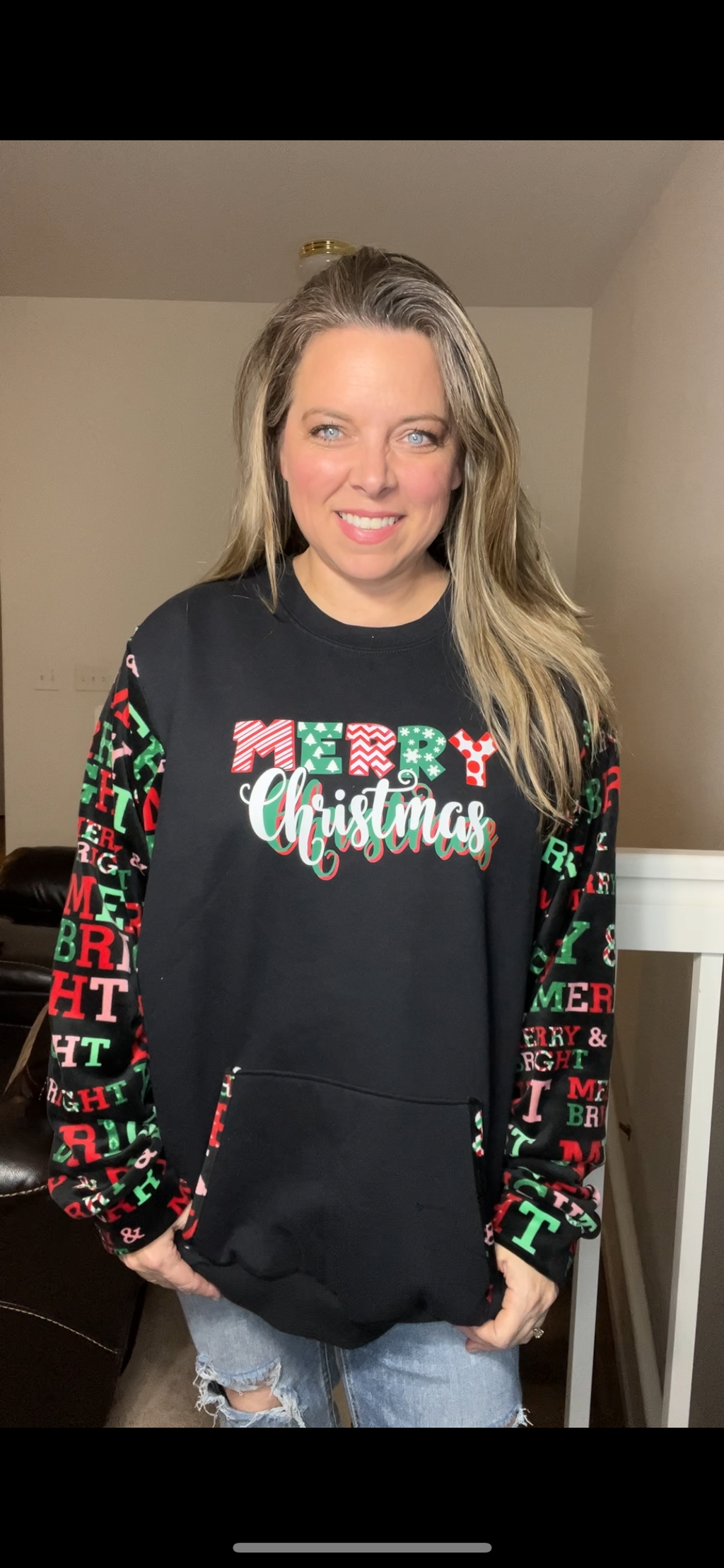 Upcycled Merry Christmas – women’s 3X – midweight sweatshirt with stretchy fleece sleeves