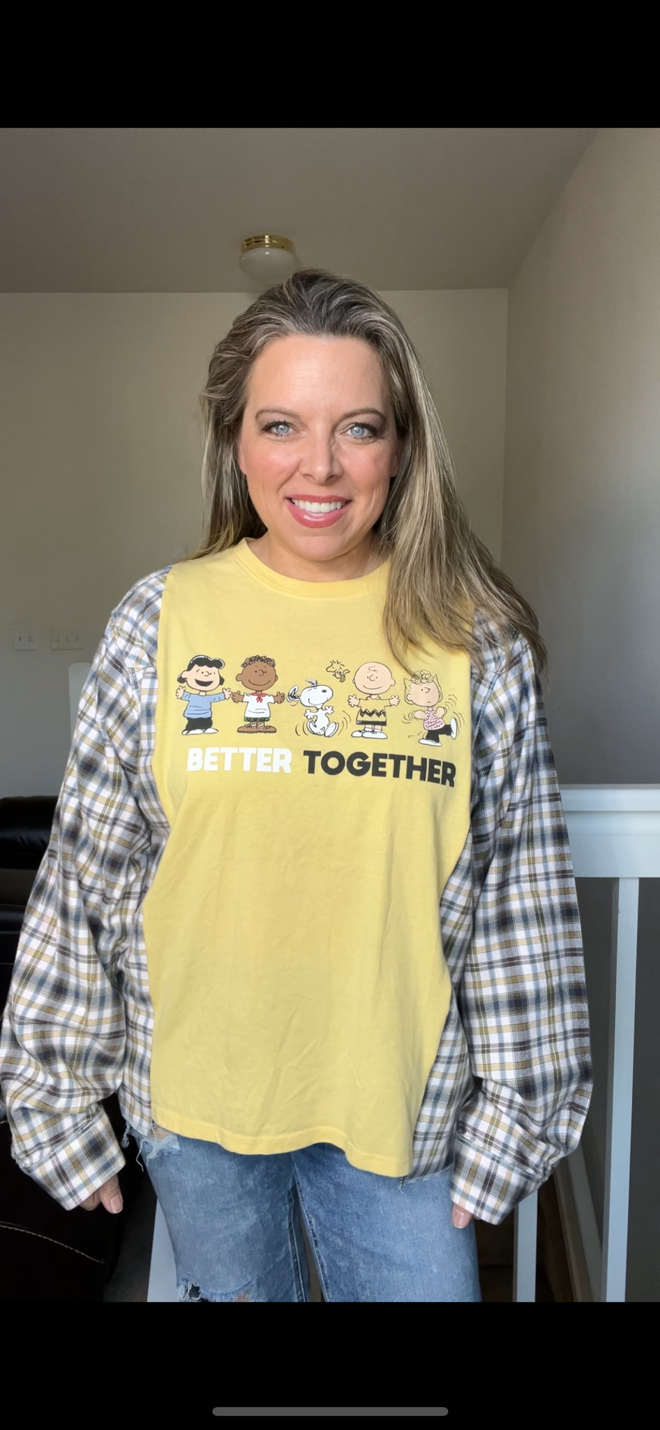 Upcycled Together – women’s medium T-shirt with flannel sleeves