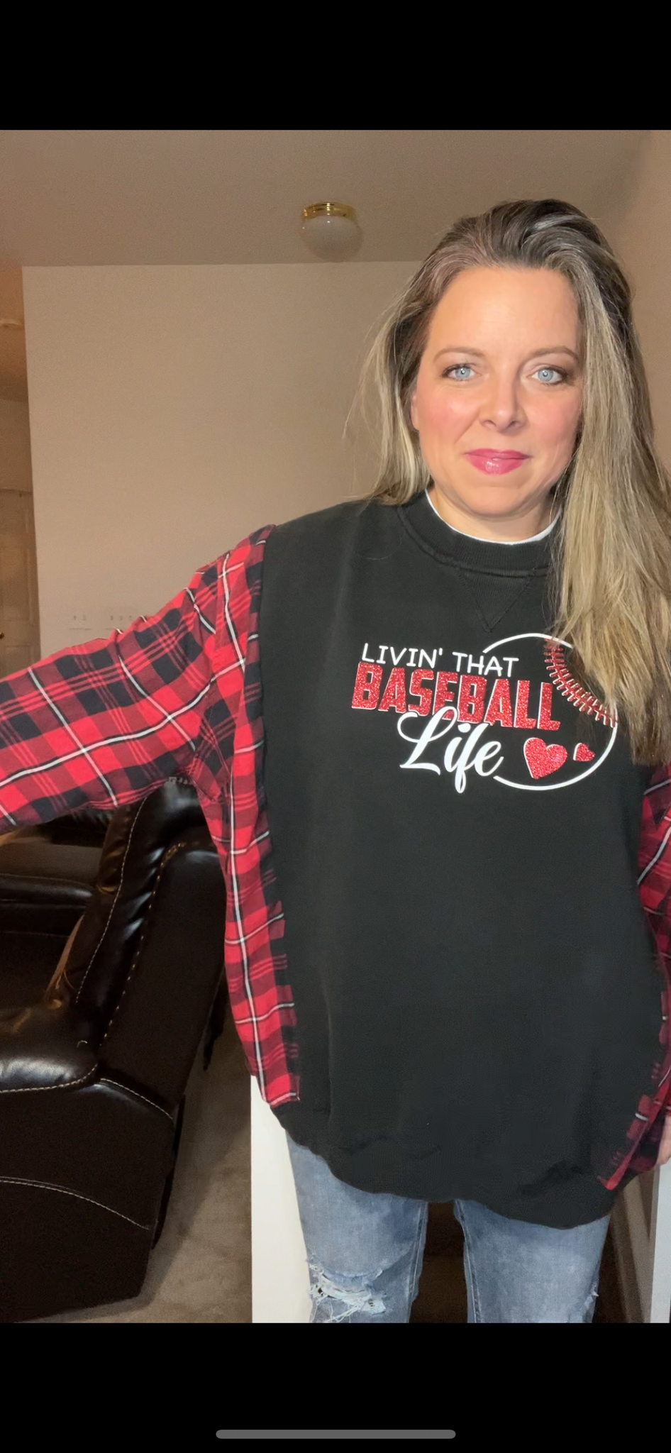 Upcycled Baseball Life – women’s 1X/2X – midweight sweatshirt with flannel sleeves￼