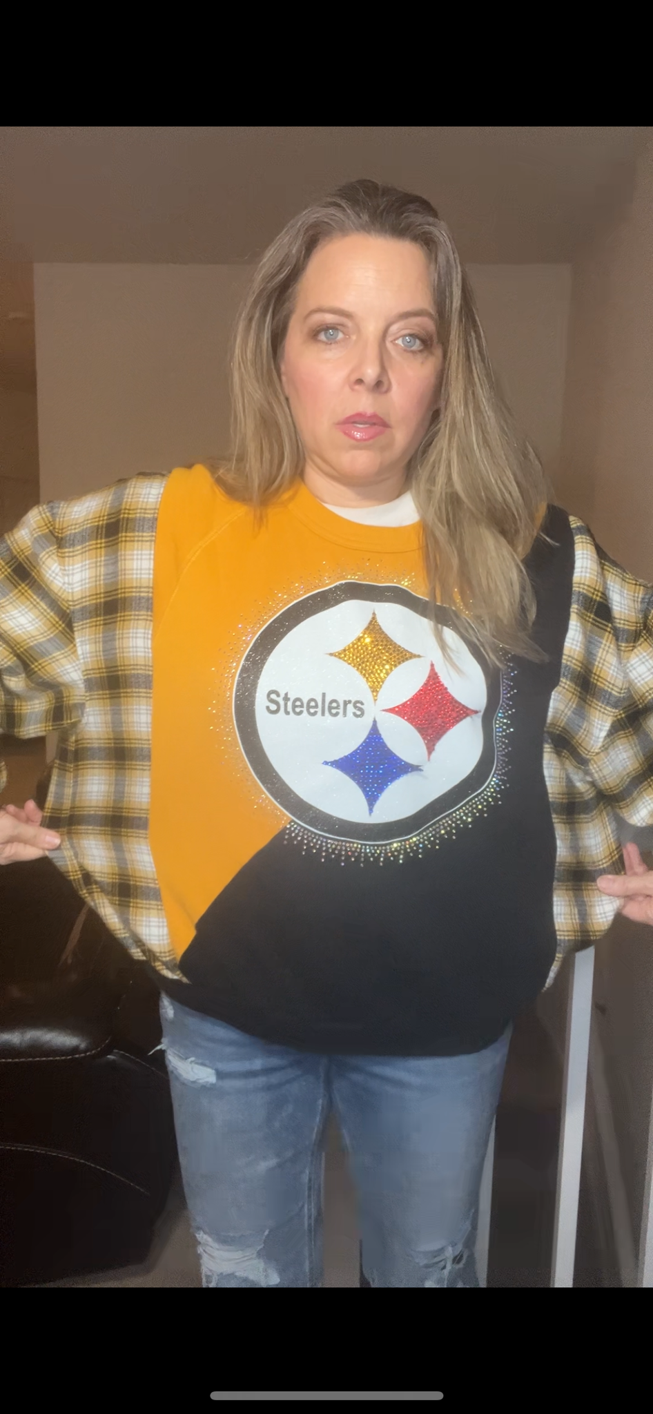 Upcycled Steelers - women’s medium - midweight sweatshirt with flannel sleeves