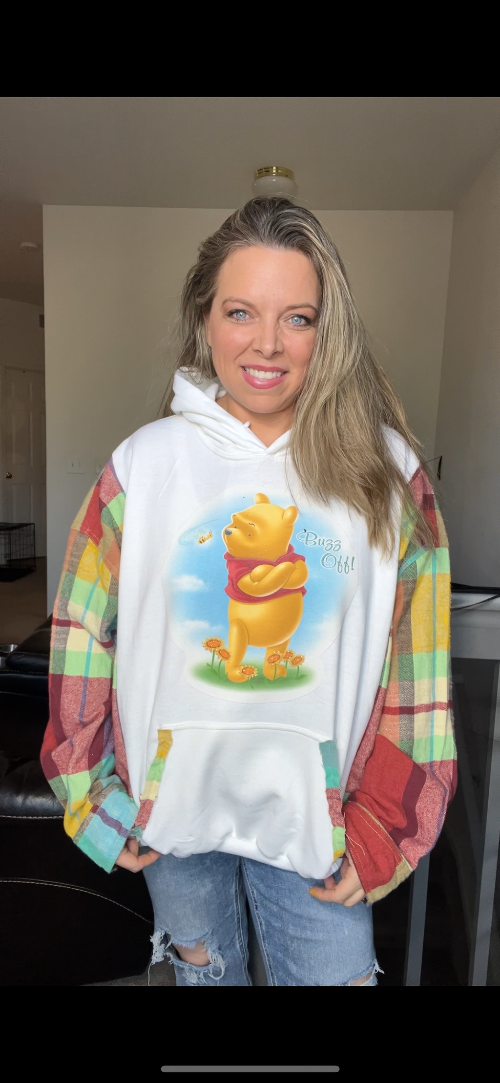 Upcycled Pooh – women’s 3X/4X midweight sweatshirt with thick flannel sleeves￼