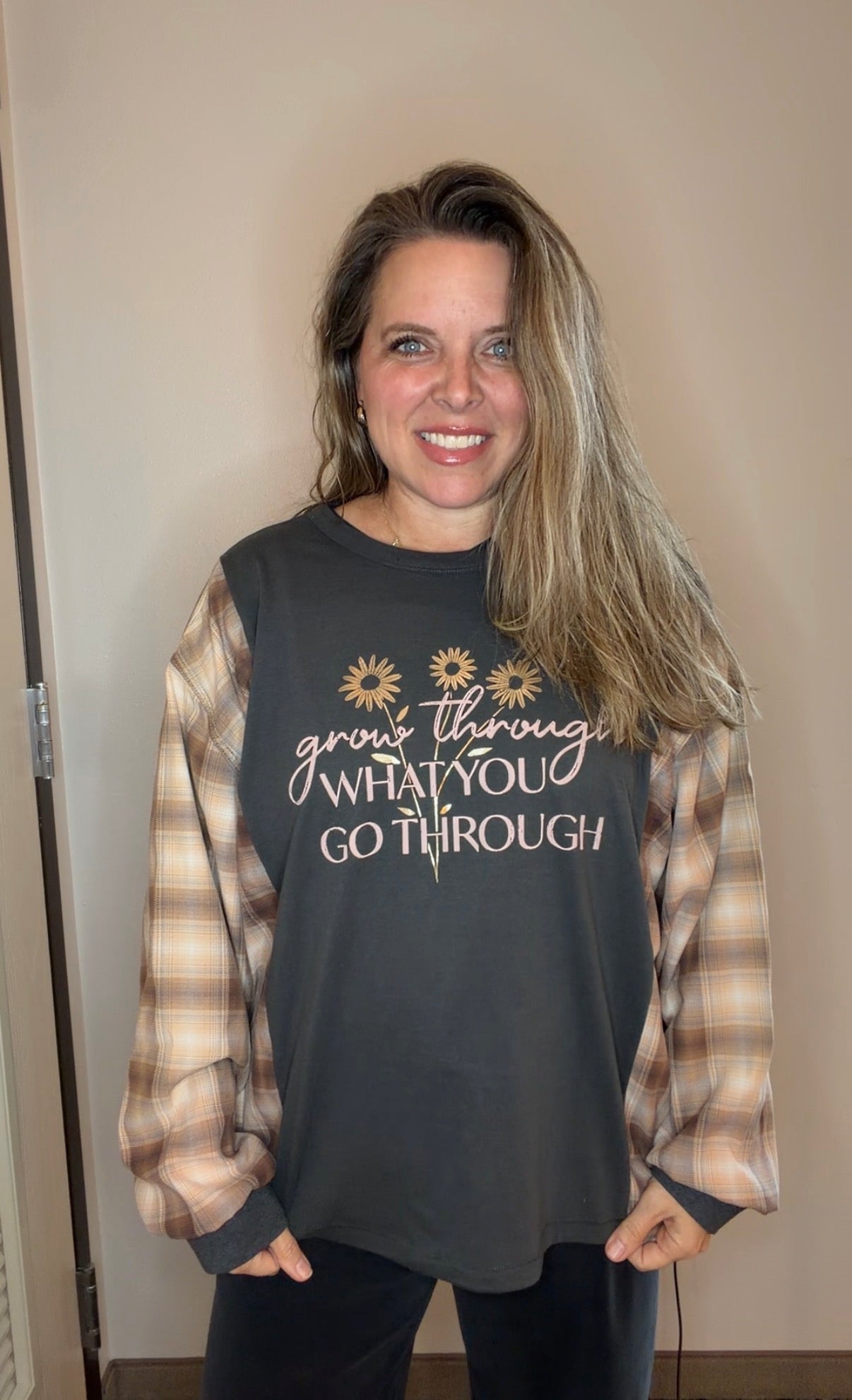 Upcycled Grow Through - woman's L/XL - Tshirt with flannel sleeves