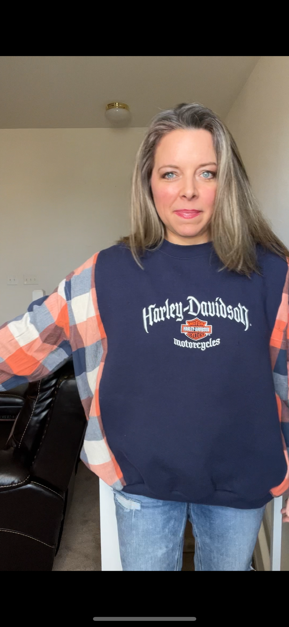 Upcycled Harley – women’s XL/1X – midweight sweatshirt with flannel sleeves￼