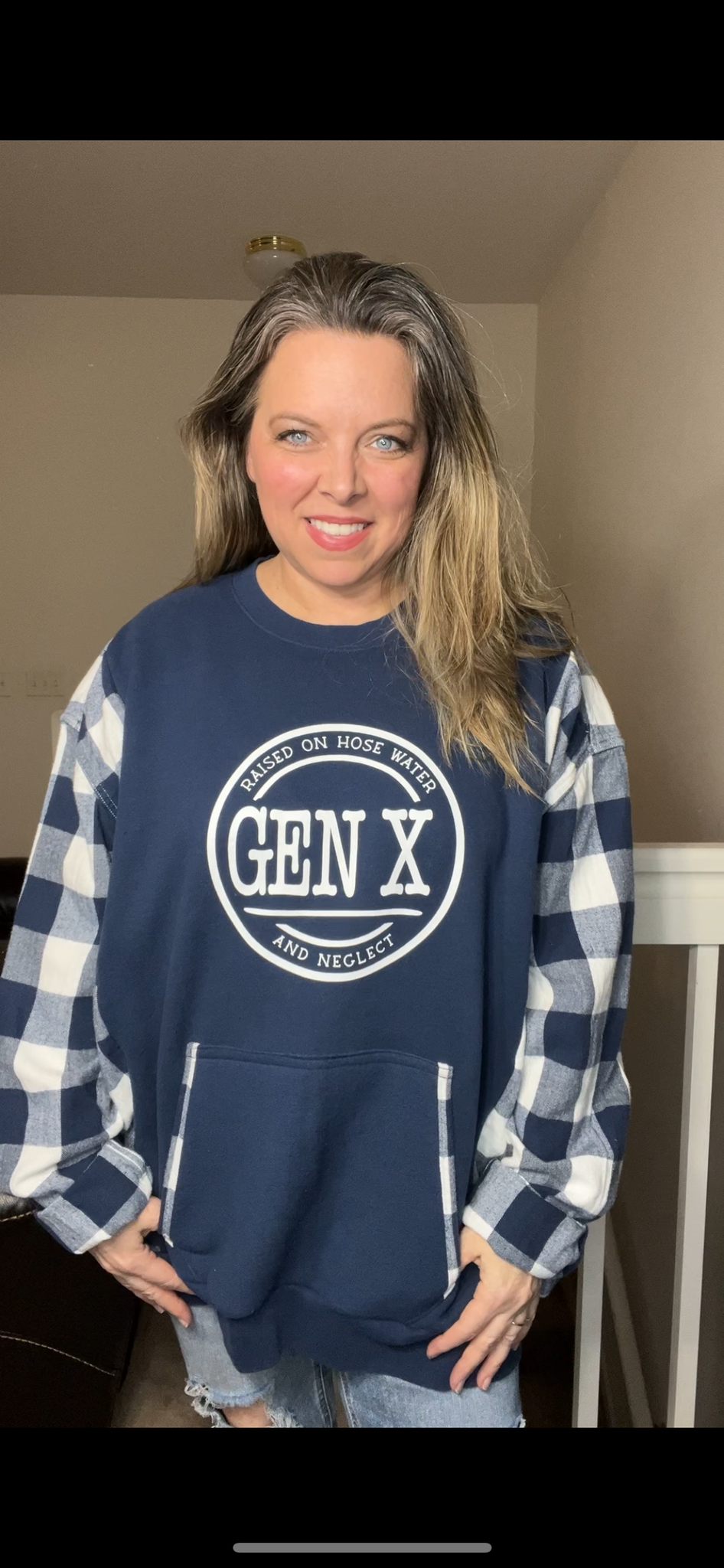 Upcycled Gen X navy – women’s 4X midweight sweatshirt with flannel sleeves