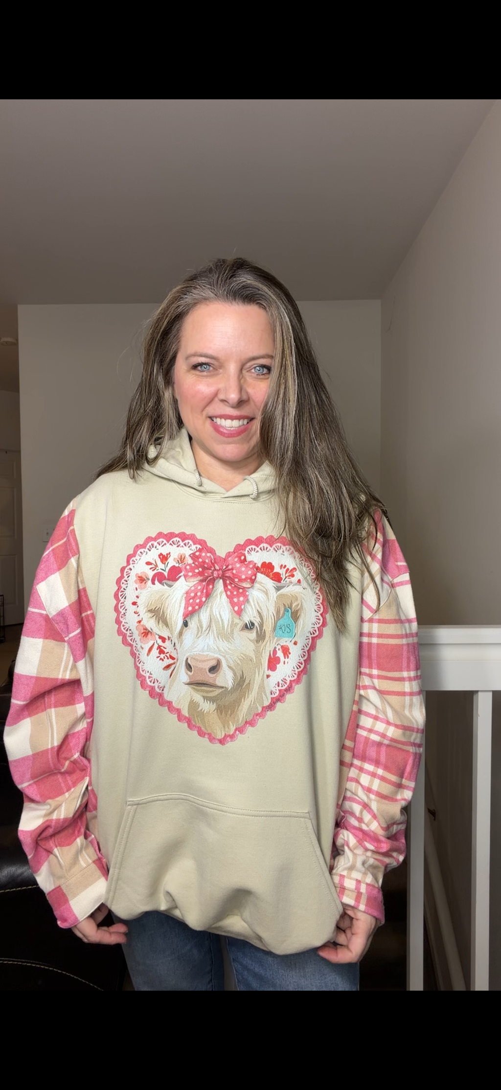 Upcycled Cow - women's 2X midweight sweatshirt with thick flannel sleeves