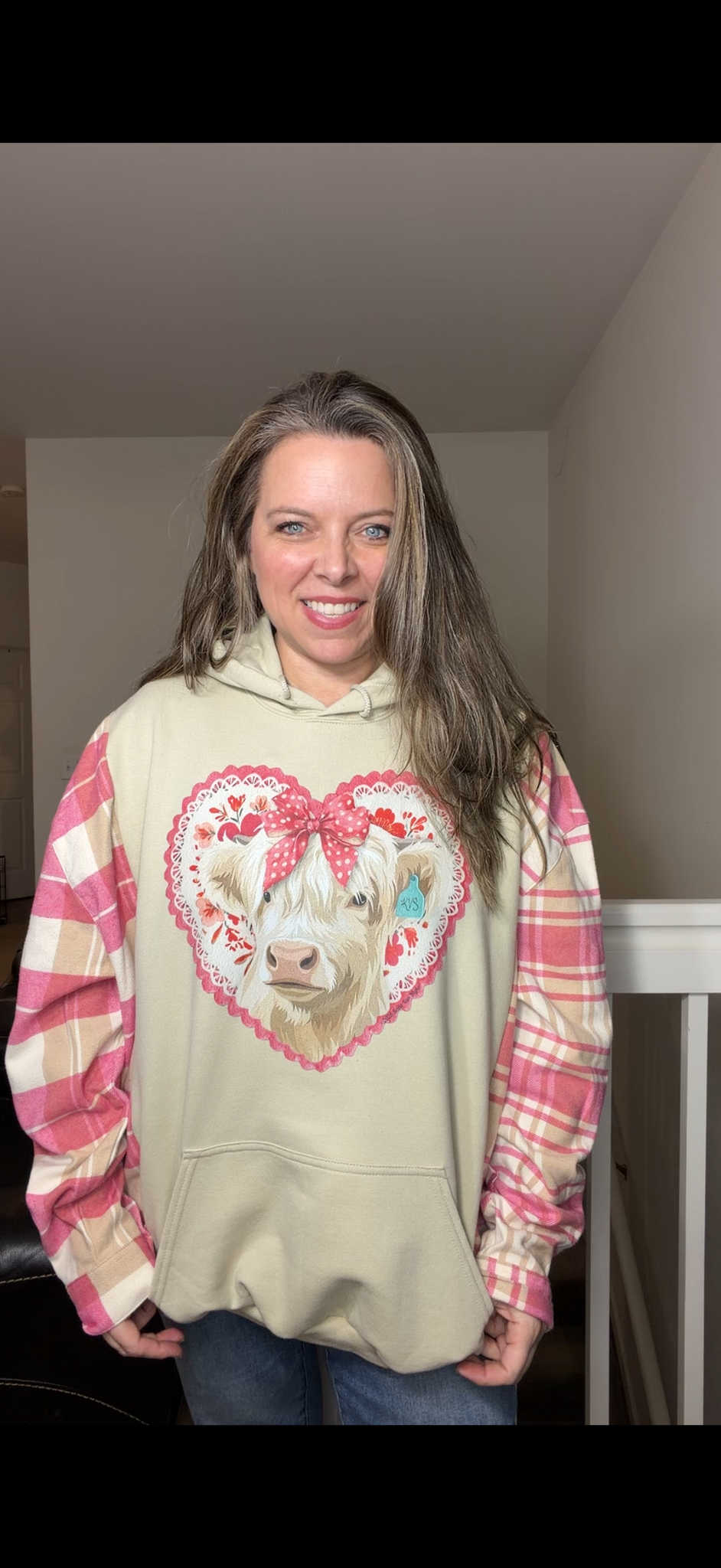 Upcycled Cow - women's 2X midweight sweatshirt with thick flannel sleeves