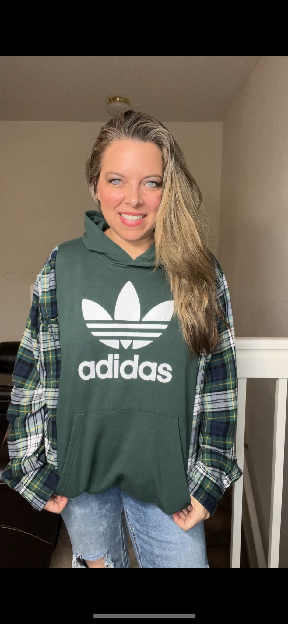 Upcycled Adidas green – women’s XL midweight sweatshirt with flannel sleeves
