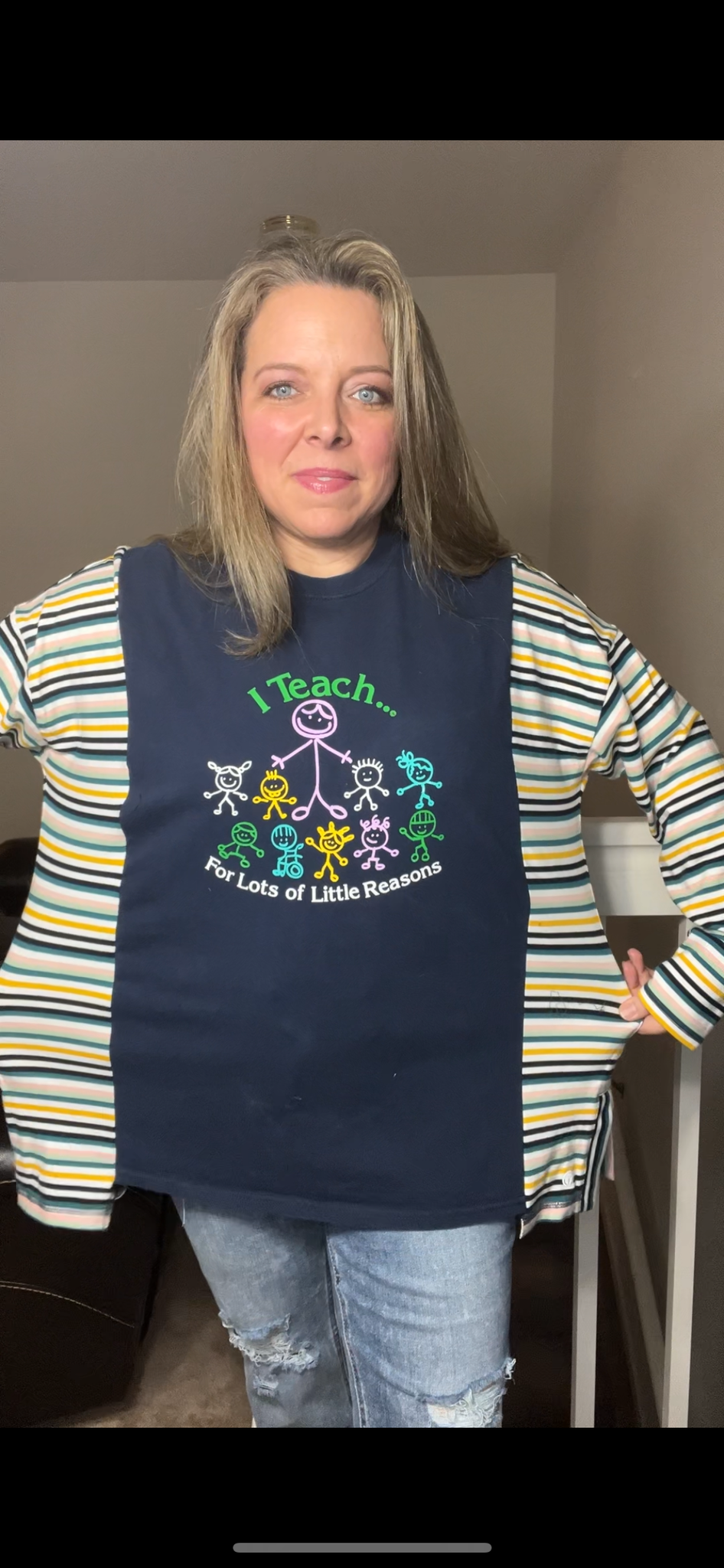 Upcycled Teacher Tshirt – women’s XL- Tshirt with stretch jersey sleeves￼