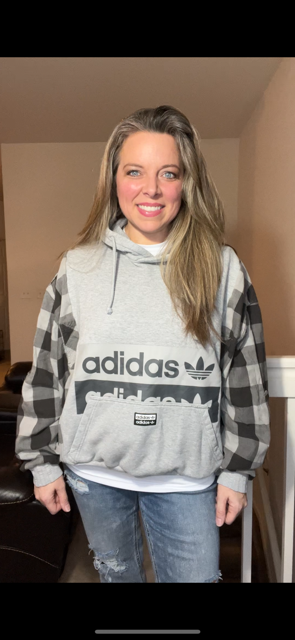 Upcycled Adidas – women’s medium – midweight sweatshirt with flannel sleeves￼