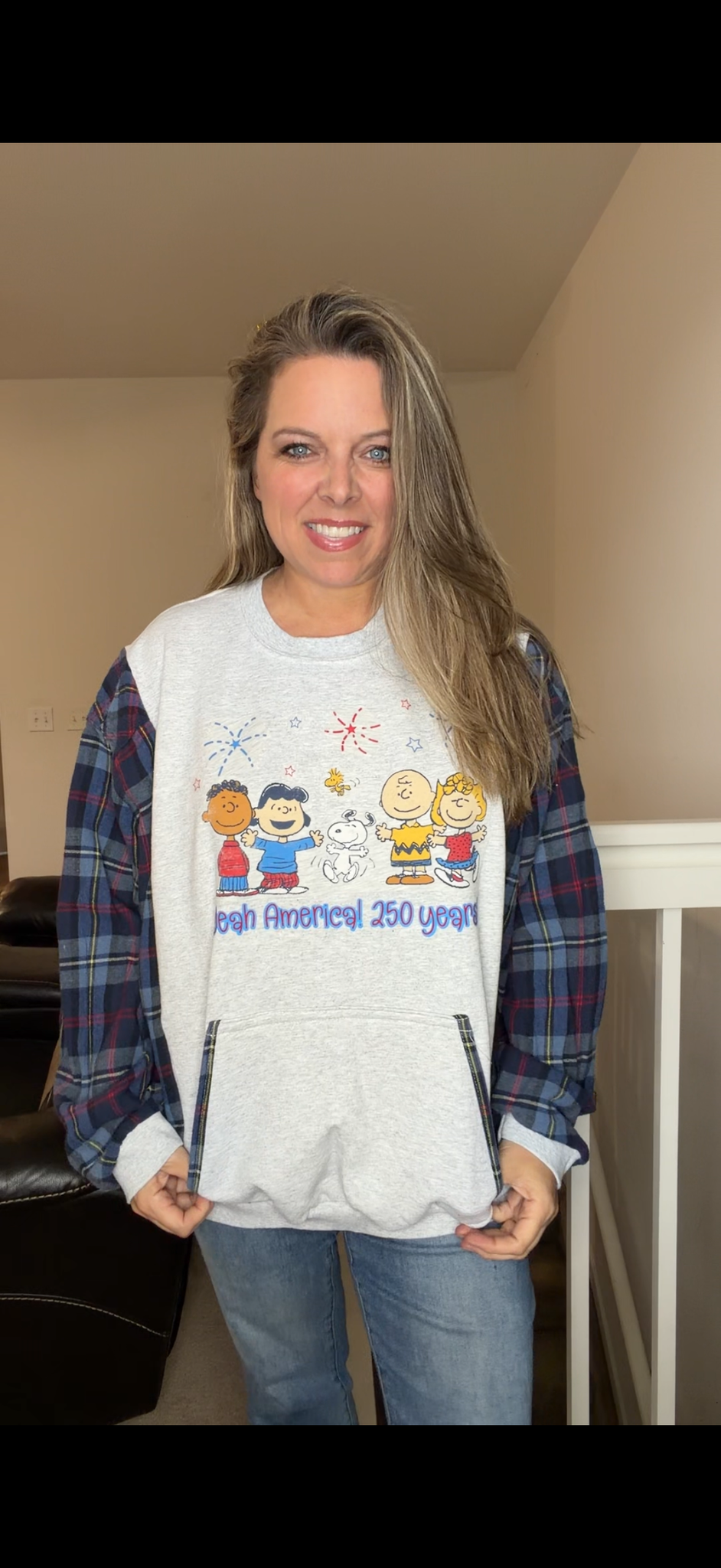 Upcycled Peanuts USA - women's 2X midweight sweatshirt with flannel sleeves ￼