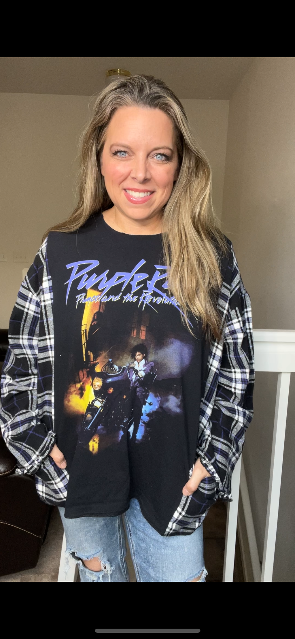 Upcycled Prince - woman's 1X Tshirt with flannel sleeves