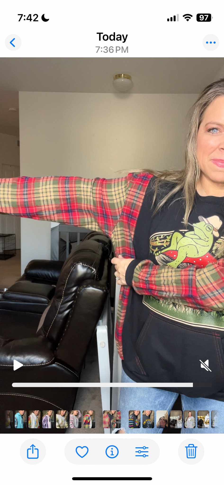 Upcycled Frog – women’s 1X/2X midweight sweatshirt with flannel sleeves
