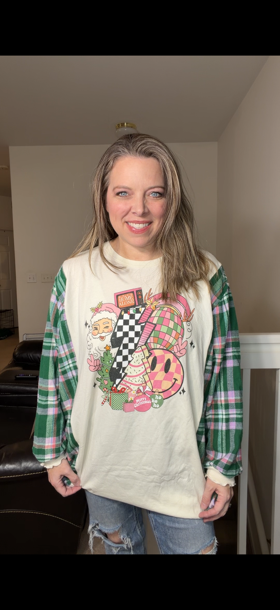 Upcycled Disco Santa - women's 3X T-shirt with flannel sleeves