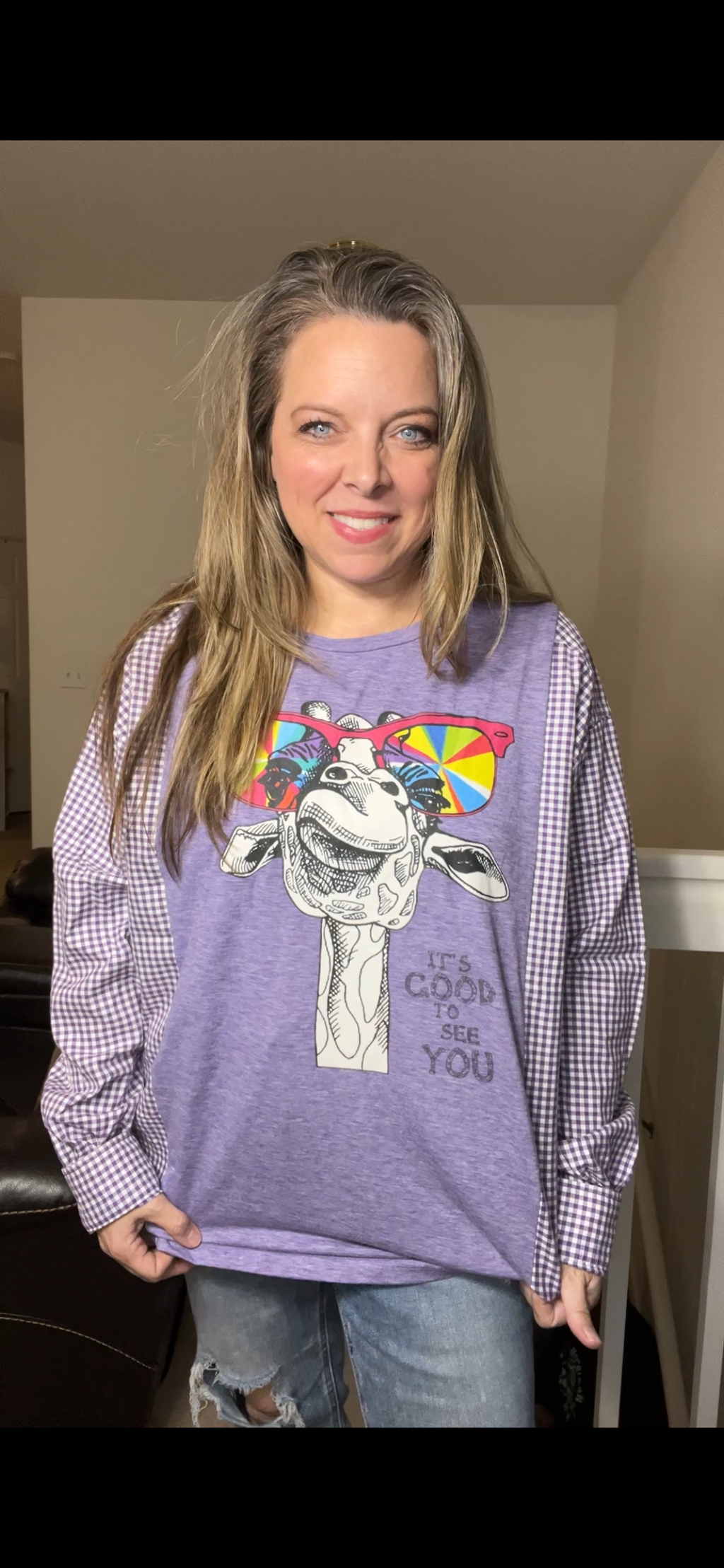 Upcycled Giraffe – women’s XL/1X T-shirt with cotton sleeves