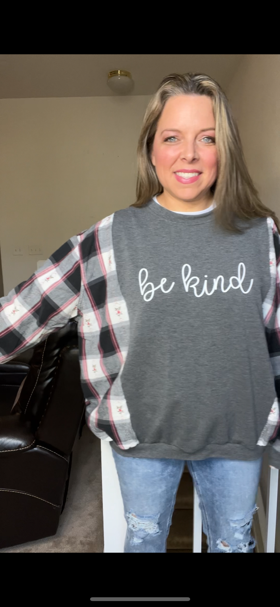 Upcycled Be Kind - women’s L/XL thin sweatshirt with flannel sleeves￼