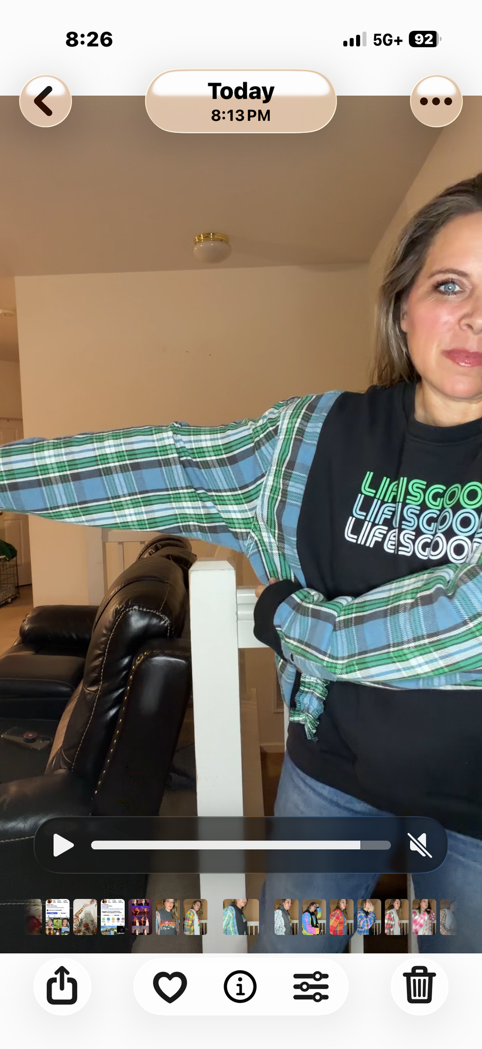 Upcycled Life Is Good - women's large midweight sweatshirt with thick flannel sleeves