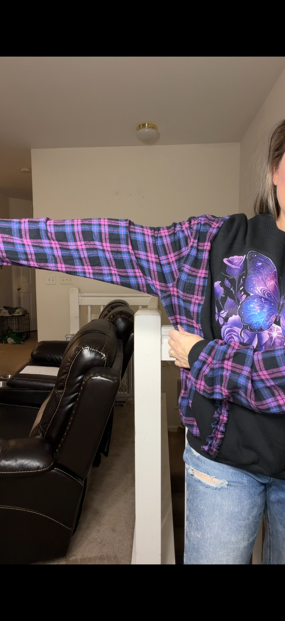 Upcycled Purple Butterfly – women's XL midweight sweatshirt with flannel sleeves