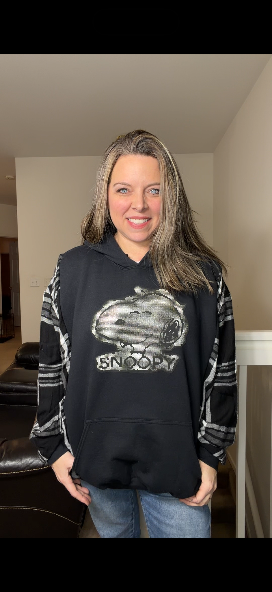 Upcycled Snoopy Sparkles - women's 2X midweight sweatshirt with thin flannel sleeves – sleeves more narrow