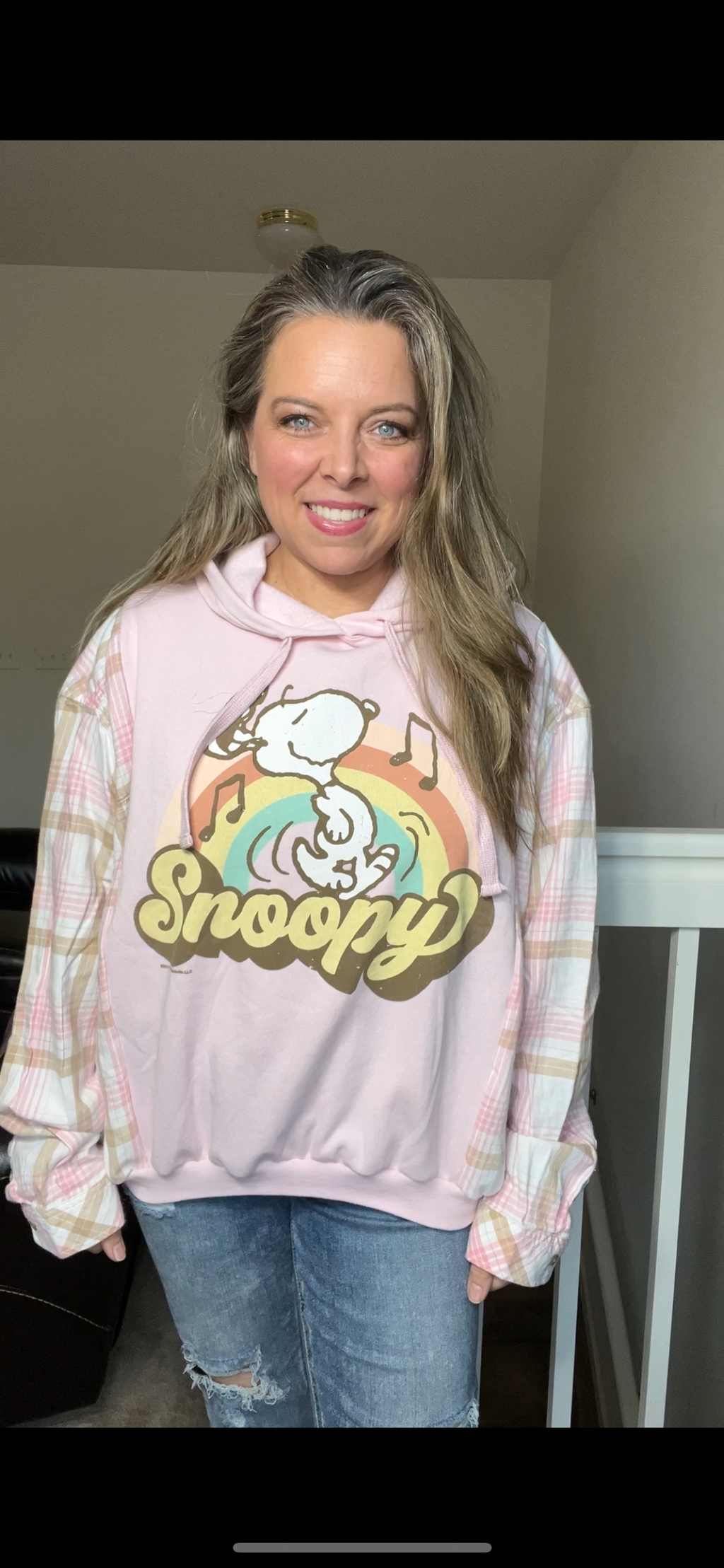 Upcycled Snoopy pink – women’s large – midweight sweatshirt with flannel sleeves￼