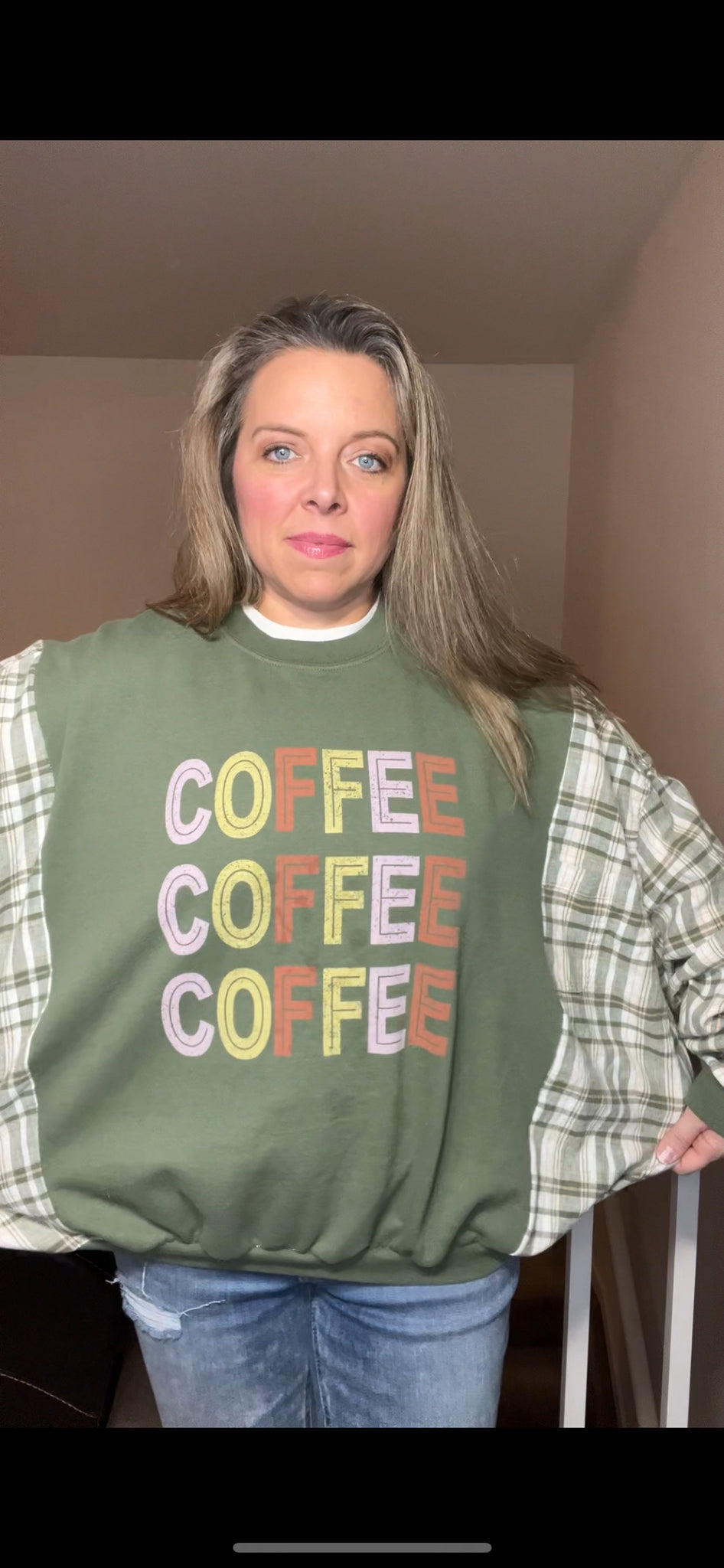 Coffee - woman’s L/XL - midweight sweatshirt with flannel sleeves ￼