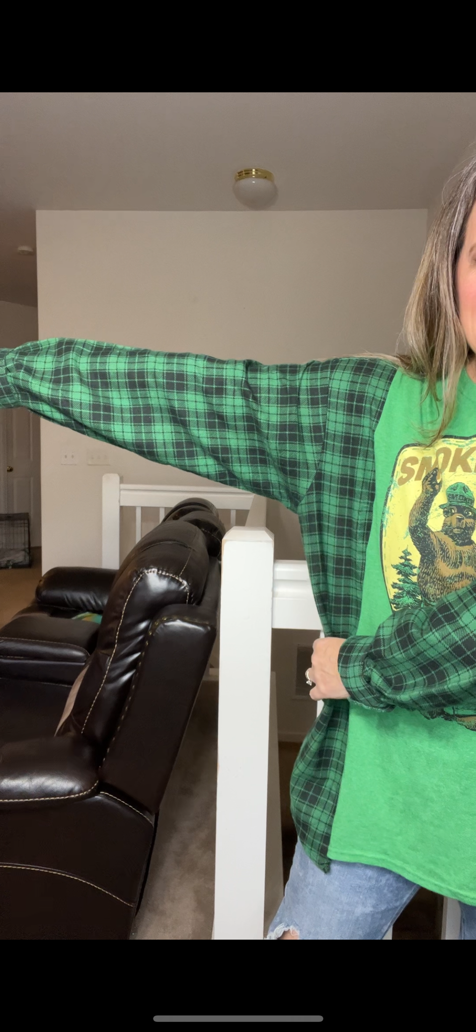 Upcycled Smoky Bear – women’s 1X thin T-shirt with flannel sleeves