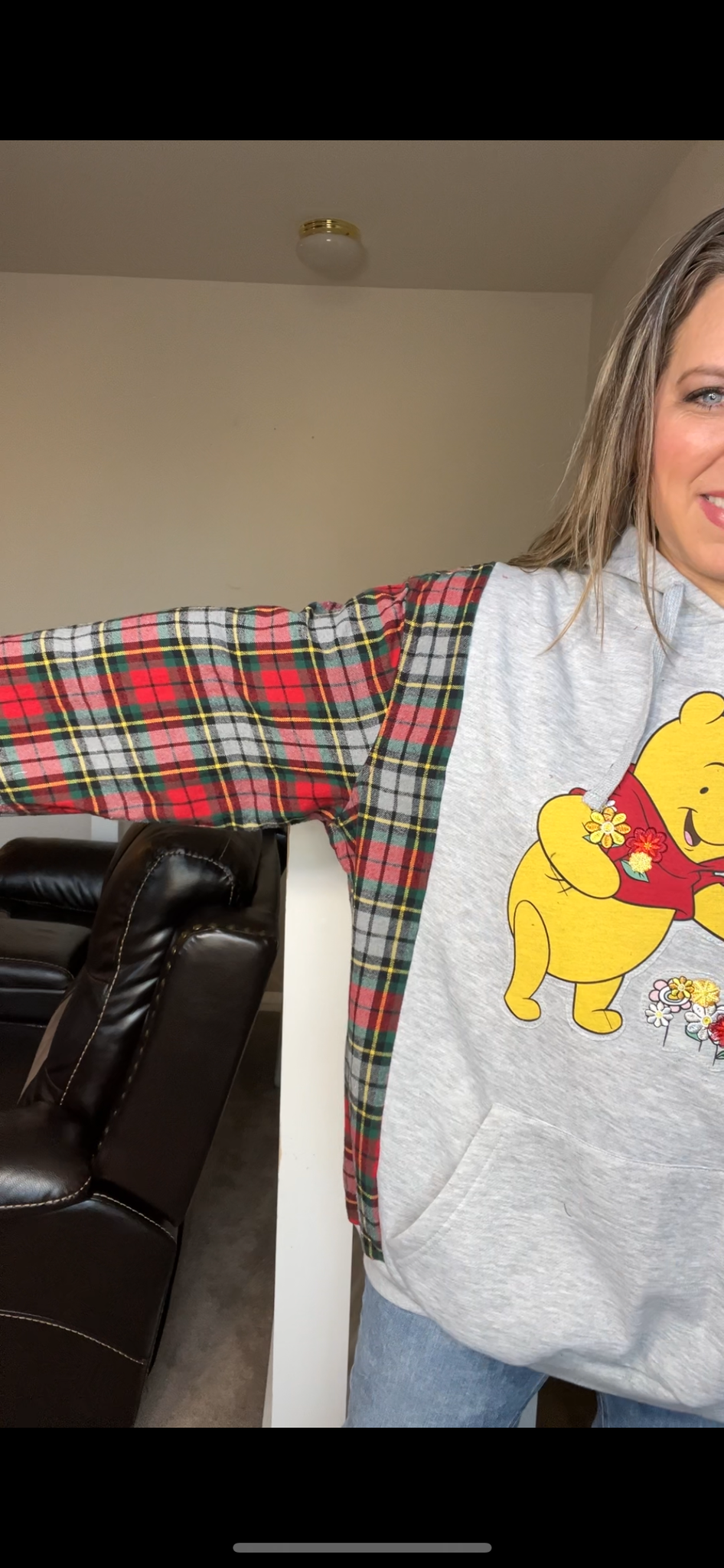 Upcycled Pooh – women’s 3X – midweight sweatshirt with flannel sleeves