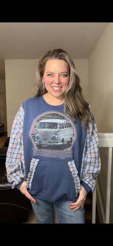 Upcycled Volkswagen - women's 2X midweight sweatshirt with flannel sleeves
