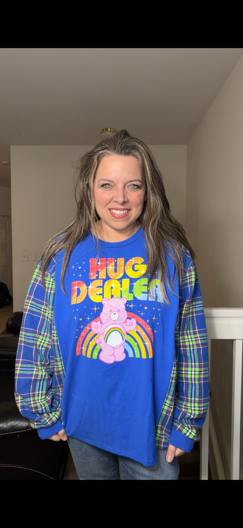 Upcycled Hug Dealer - women's 1X T-shirt with flannel sleeves