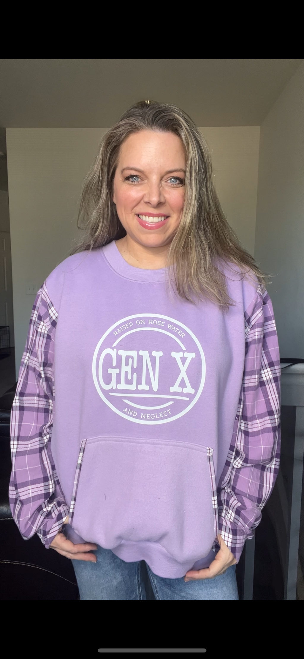 Upcycled Gen X purple – women’s 2X/3X midweight sweatshirt with thin flannel sleeves