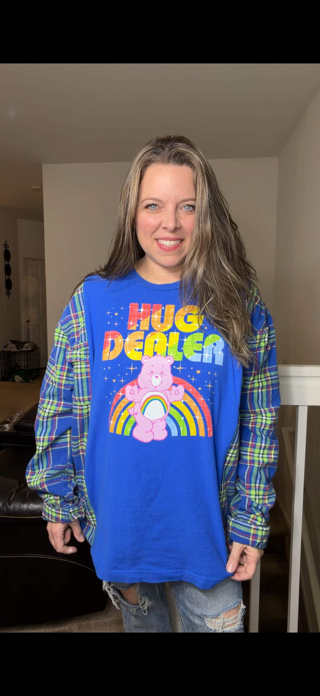 Upcycled Hug Dealer – women's 2X T-shirt with thick flannel sleeves