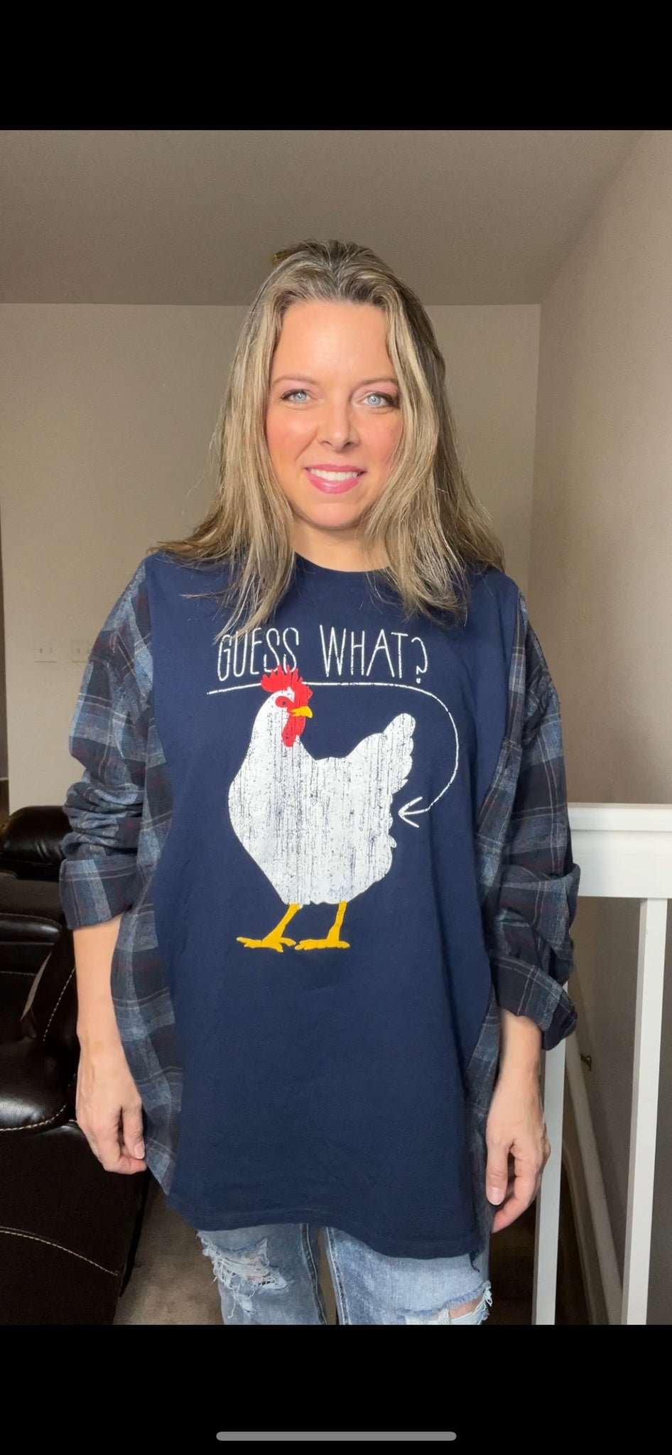 Upcycled Chicken - women’s 2X – tshirt with the flannel sleeves￼