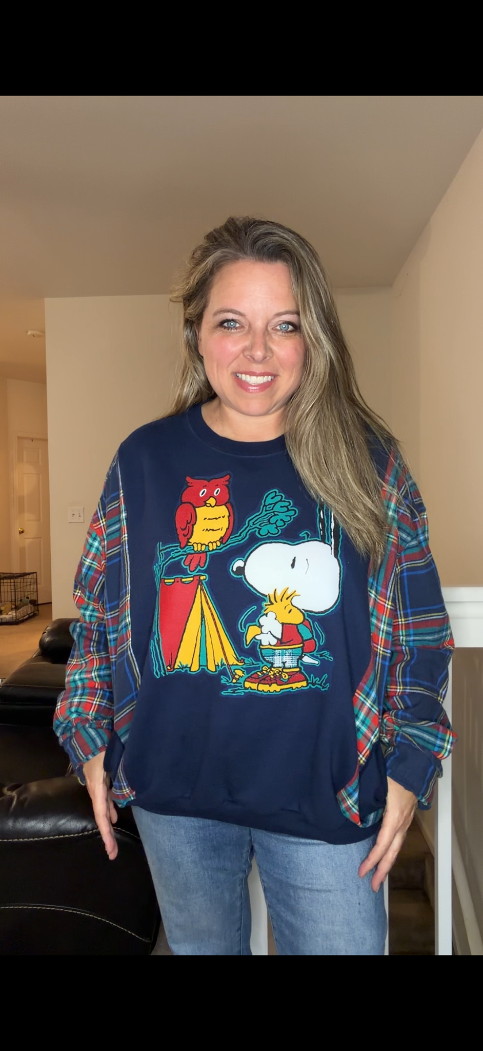Upcycled Snoopy Camp - women's large/XL midweight sweatshirt with flannel sleeves