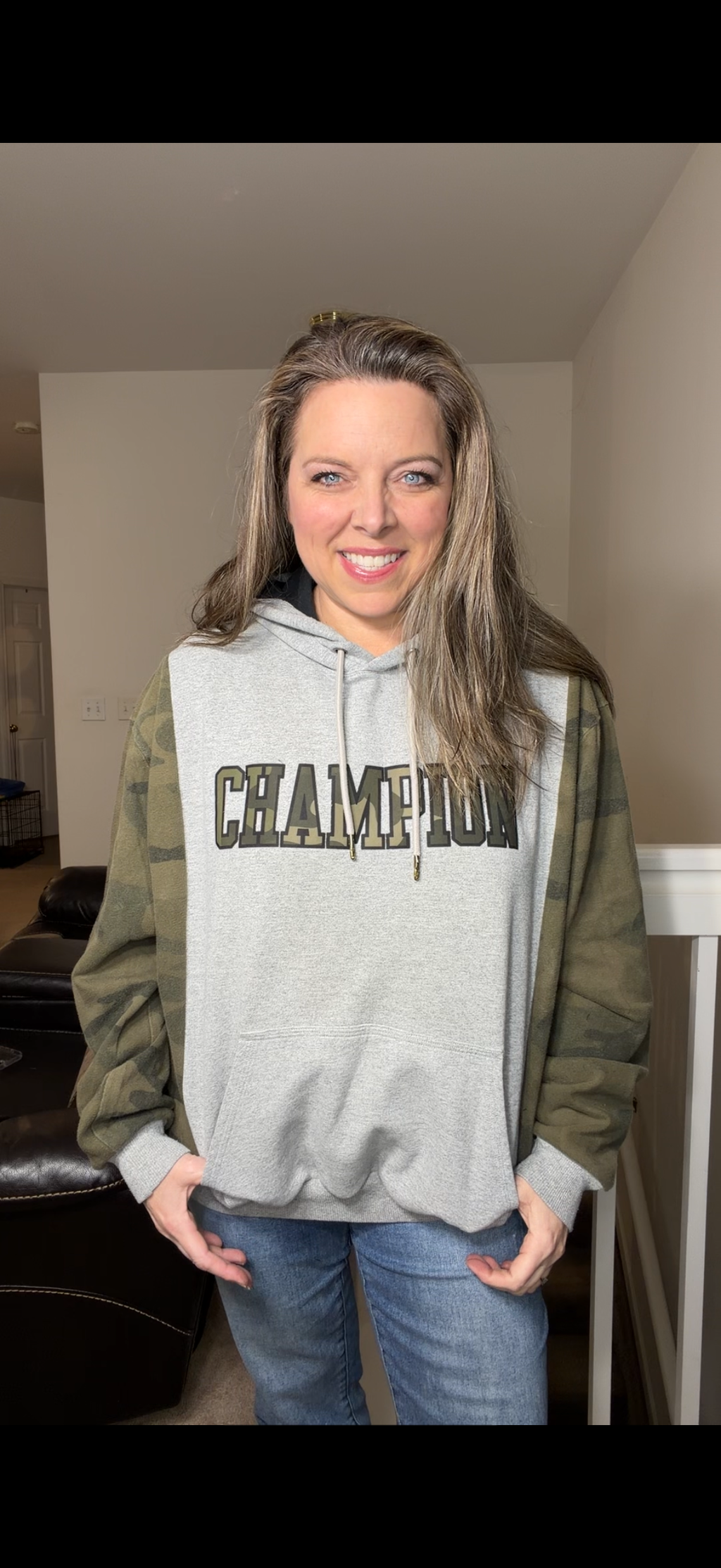 Upcycled Camo - women's large/XL midweight sweatshirt with stretchy sleeves