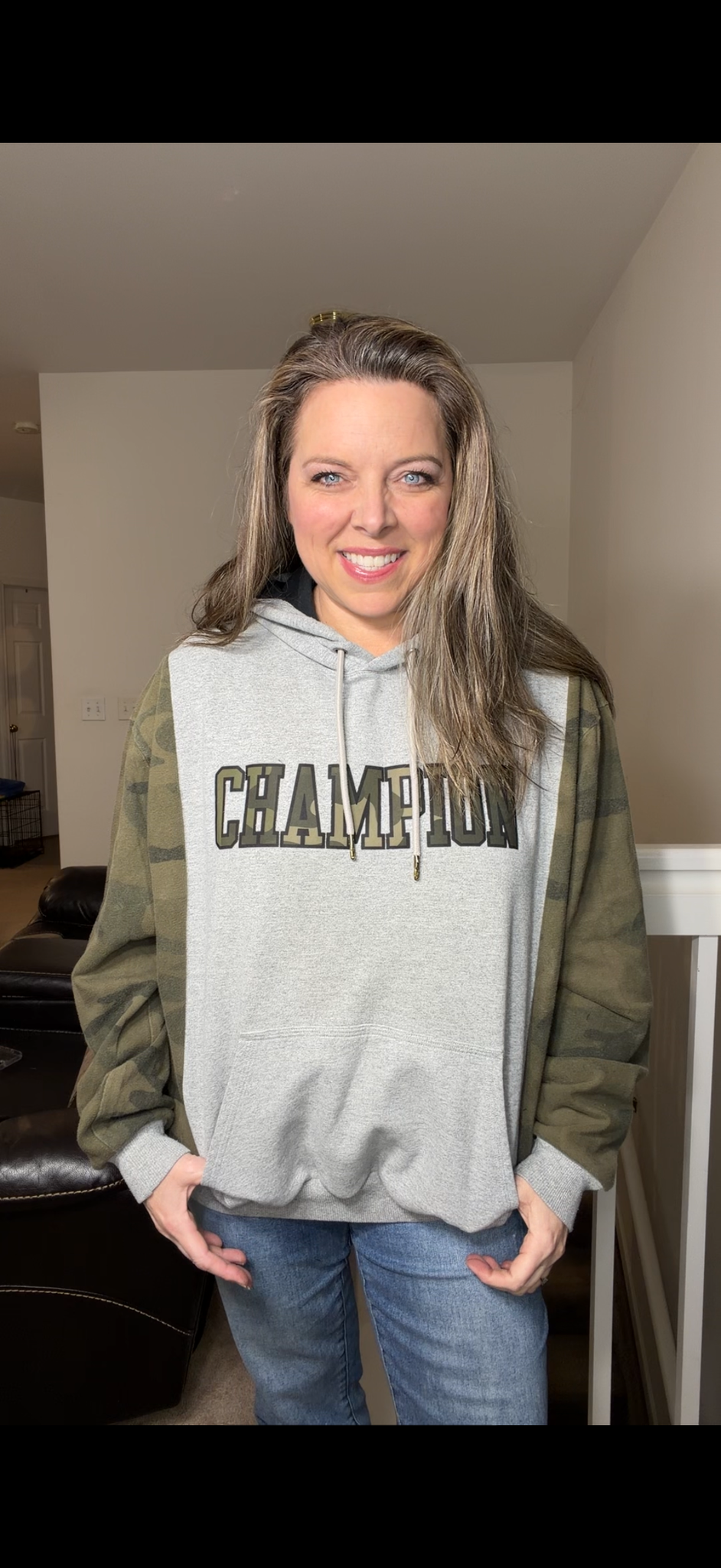 Upcycled Camo - women's large/XL midweight sweatshirt with stretchy sleeves