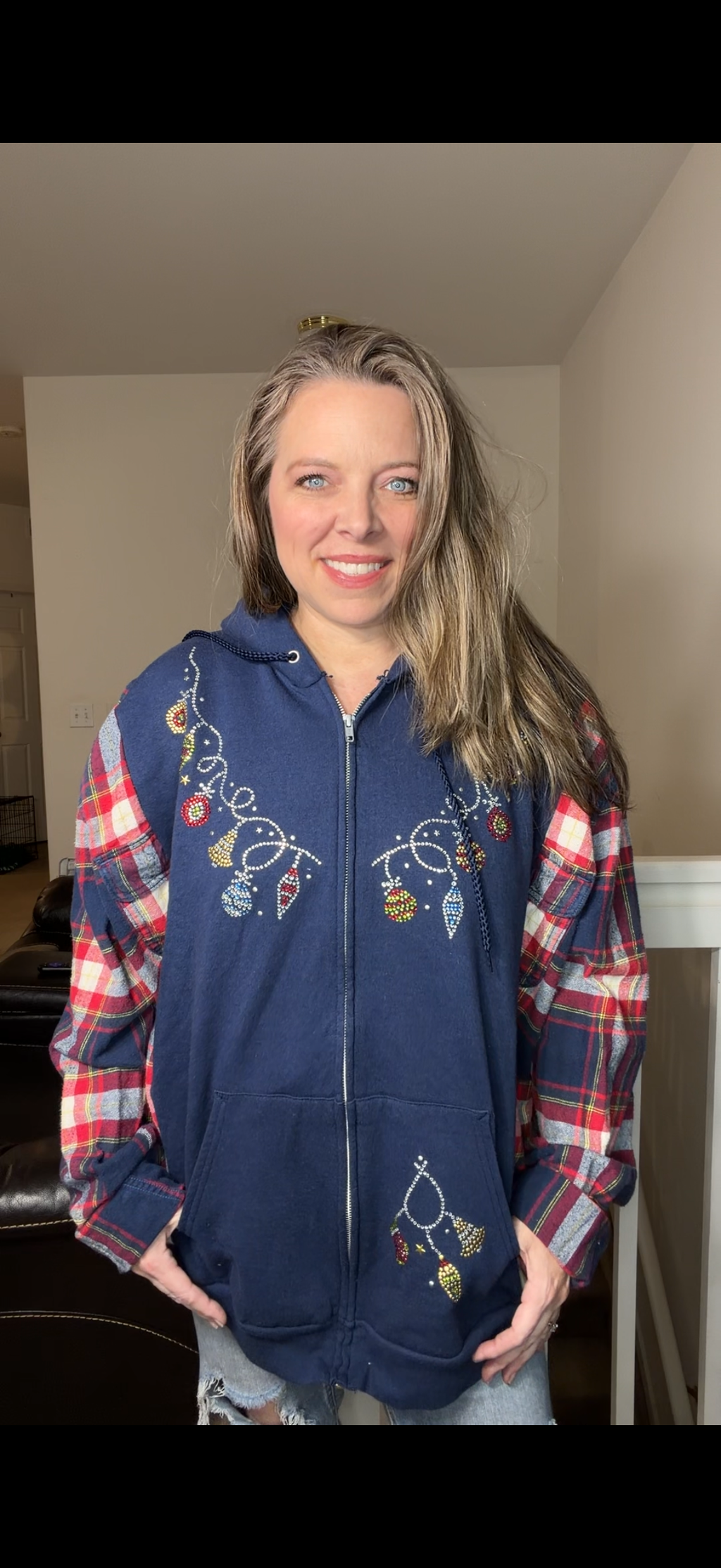 Upcycled zip lights – women's 3X midweight sweatshirt with flannel sleeves