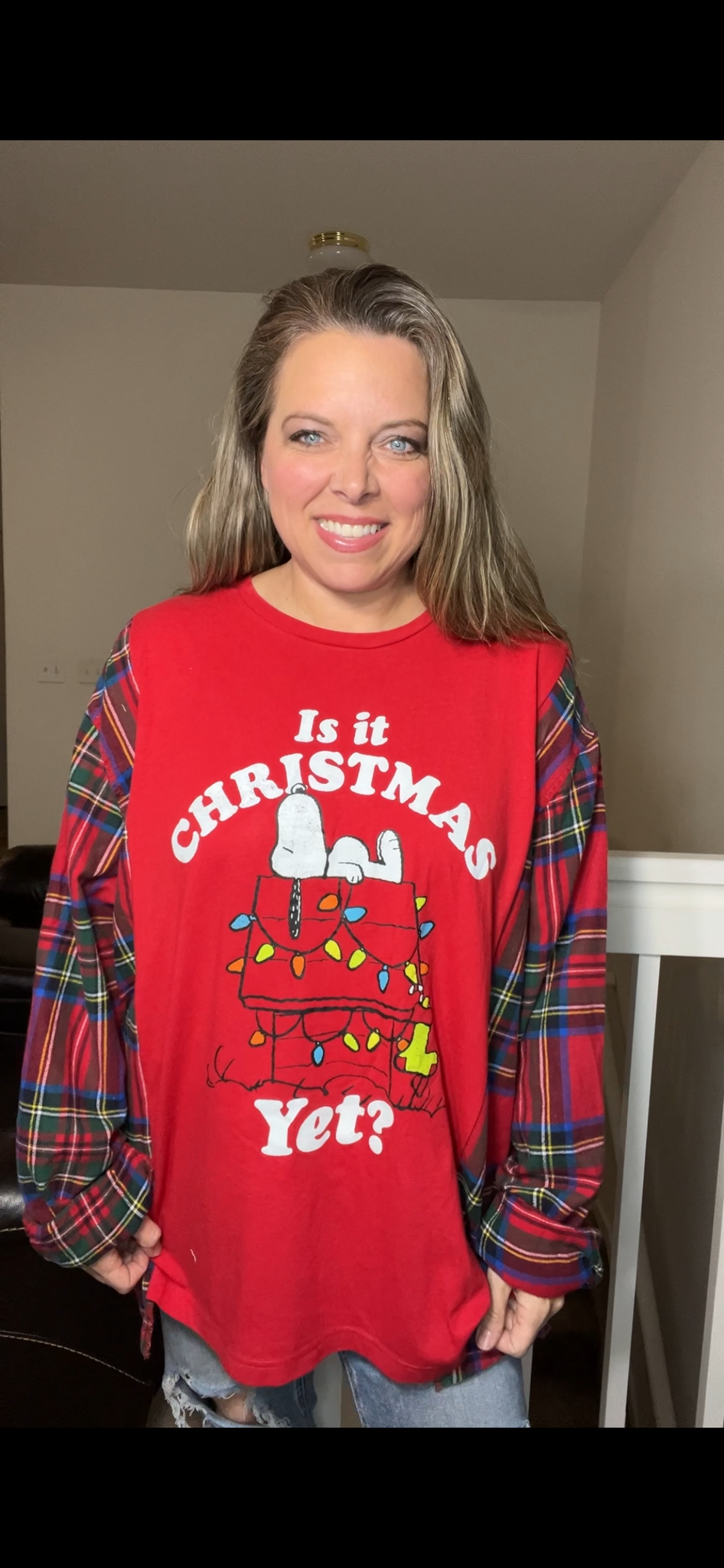 Upcycled Snoopy Christmas – women’s 5X T-shirt with flannel sleeves