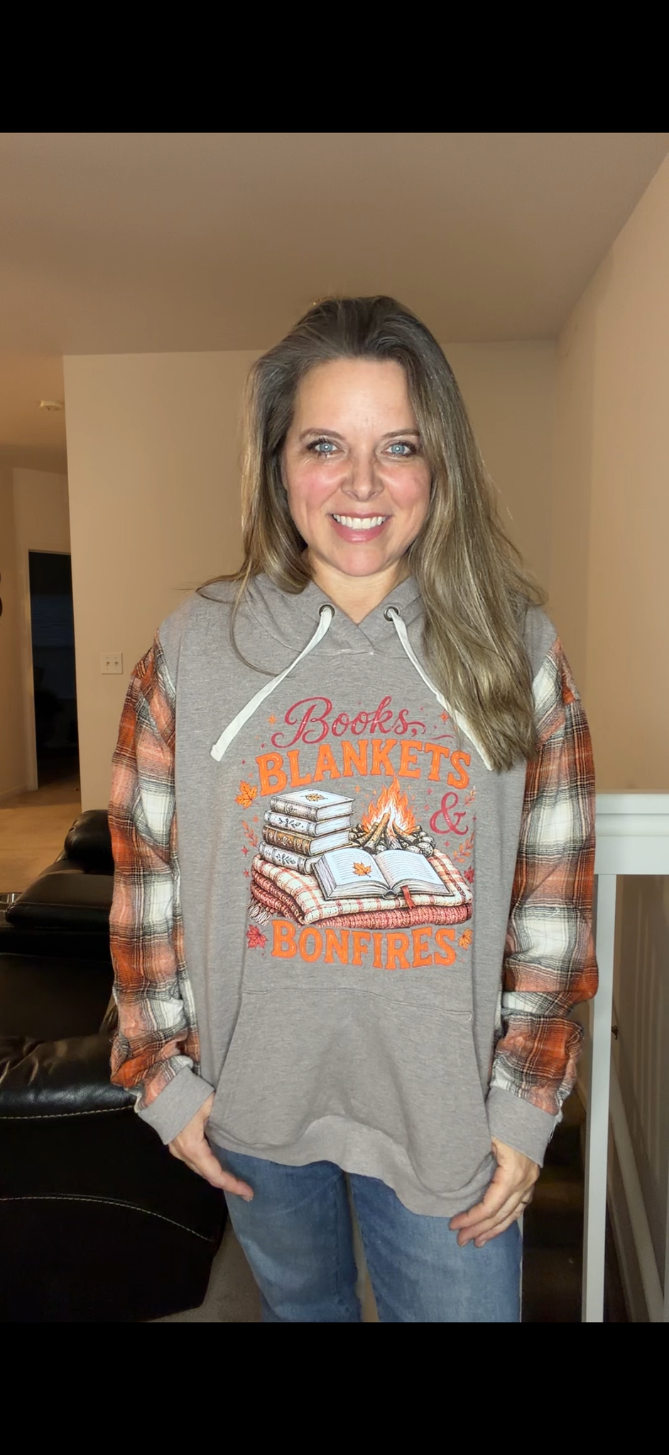 Upcycled Bonfires - women's 2X midweight sweatshirt with thin flannel sleeves