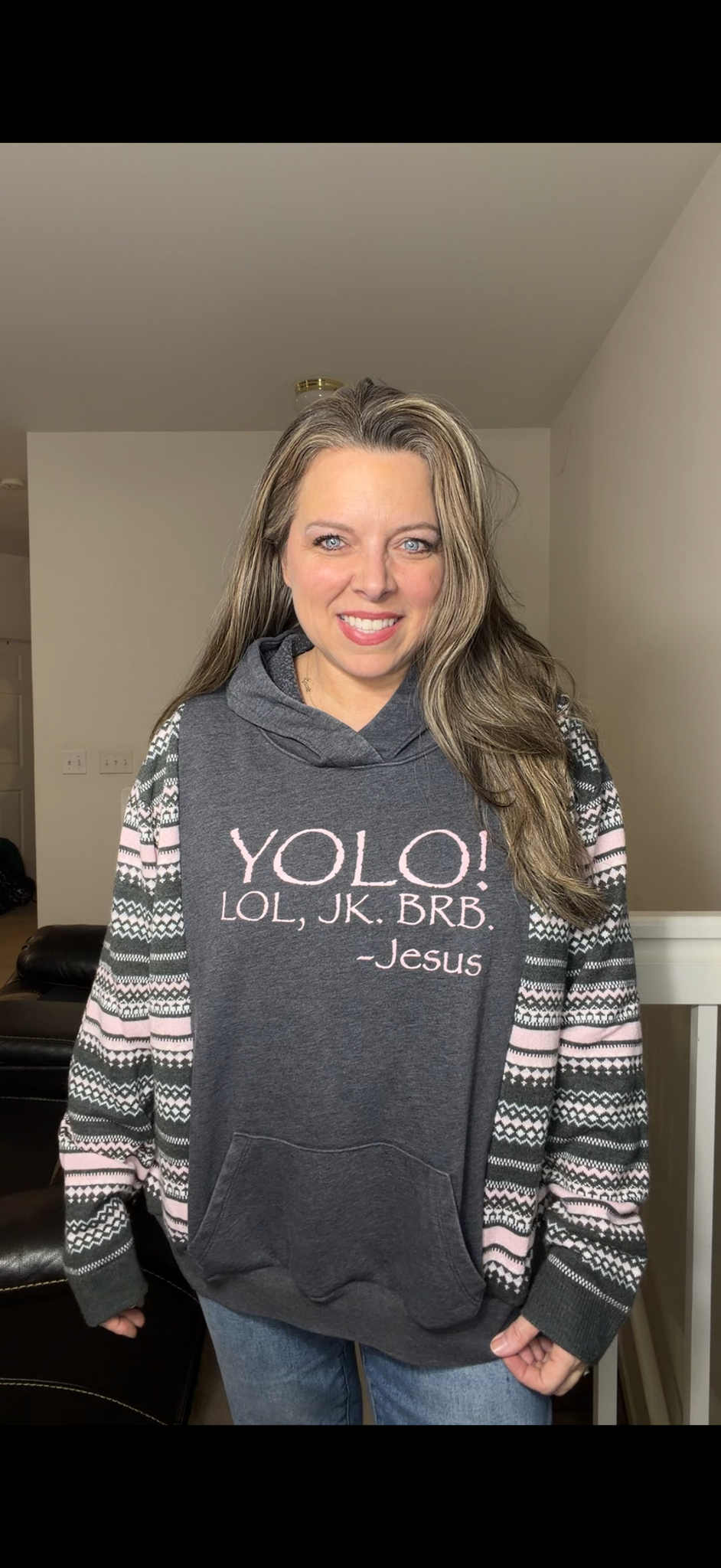 Upcycled YOLO - women's XL/1X midweight sweatshirt with thin sweater sleeves