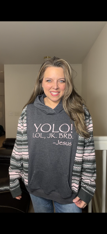 Upcycled YOLO - women's XL/1X midweight sweatshirt with thin sweater sleeves