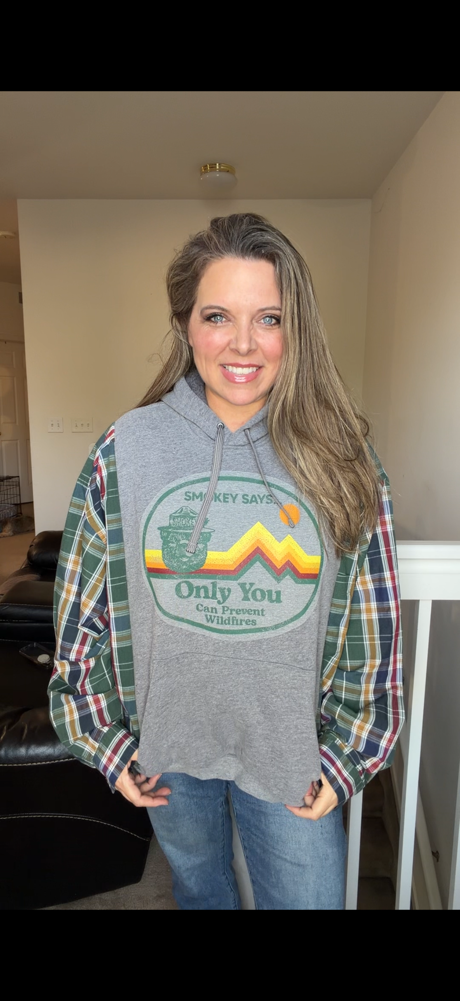 Upcycled Smokey - women's large midweight sweatshirt with cotton sleeves