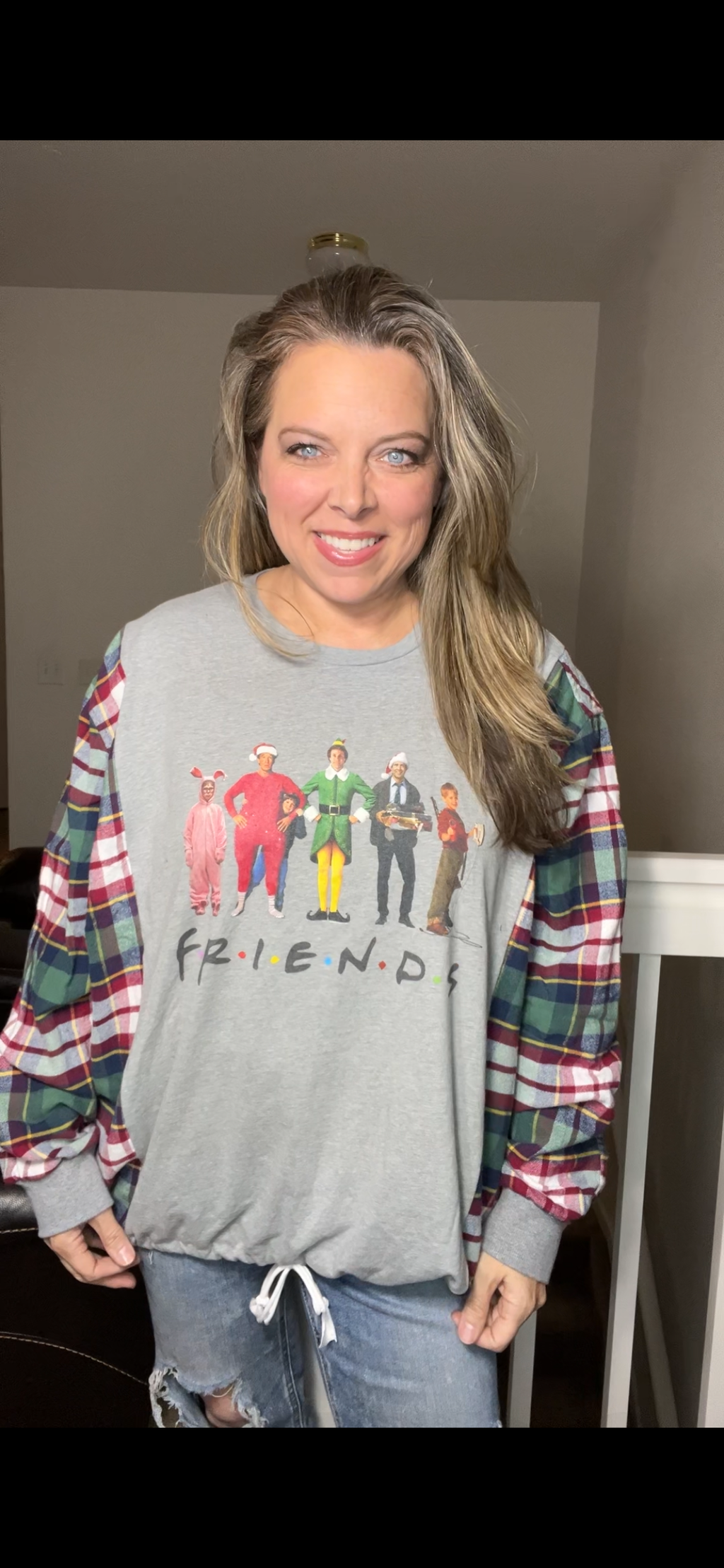 Upcycled Friends – women’s 2X T-shirt with flannel sleeves