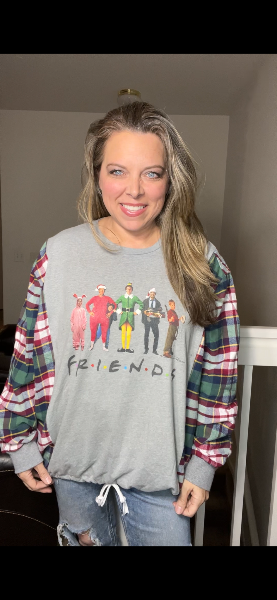 Upcycled Friends – women’s 2X T-shirt with flannel sleeves